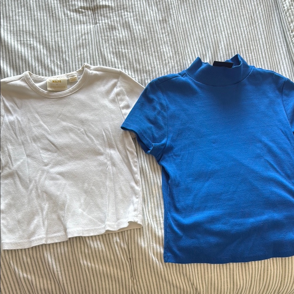 Medium MAEVE White and Royal Blue Short Sleeve Tops - Classic Crew & Mock Neck